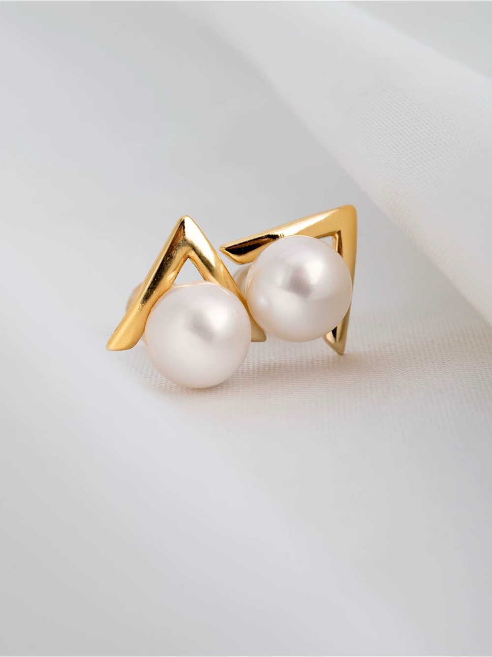 Gold Pearl Stud Earrings - Sleek Geometric triangle  Design